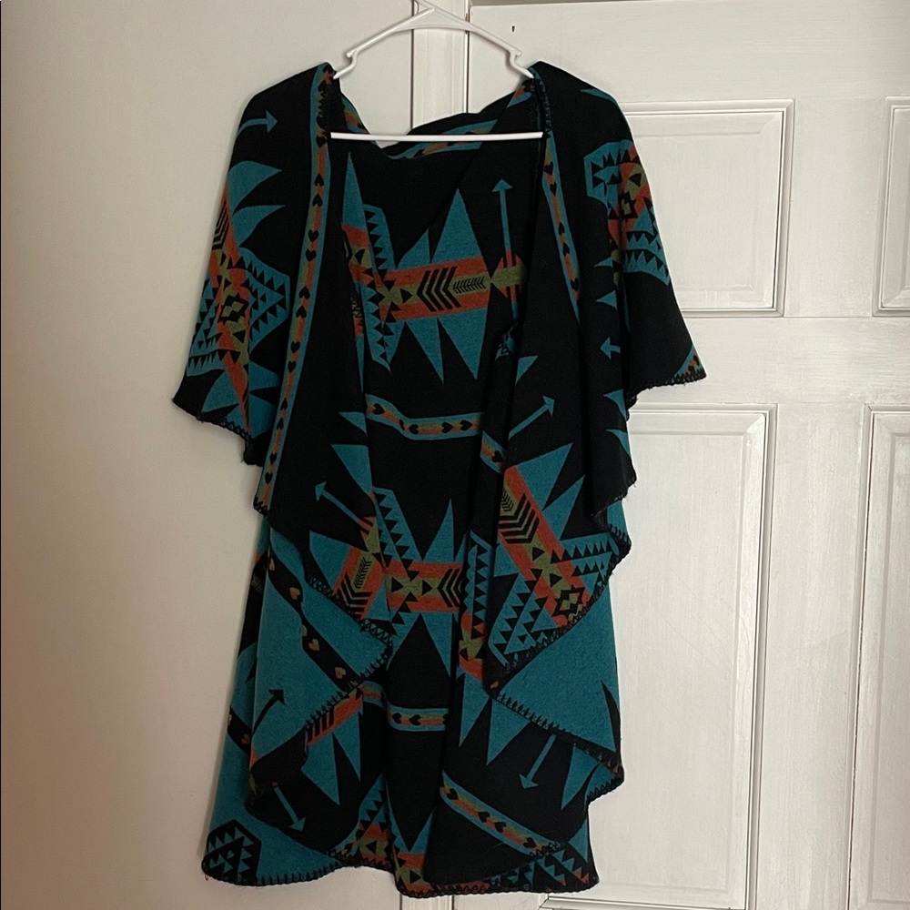 Geometric Black and Teal Cape for Women southwestern long cape/open jacket.